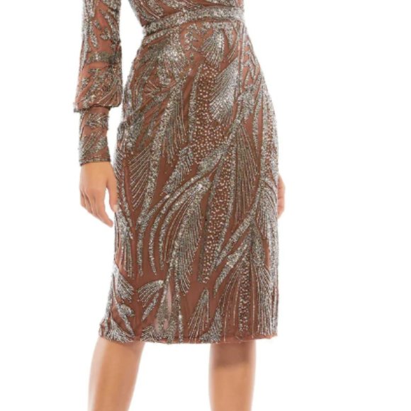 MAC DUGGAL BEADED LONG SLEEVE WRAP OVER MIDI MOCHA DRESS sz 14 - Picture 5 of 7